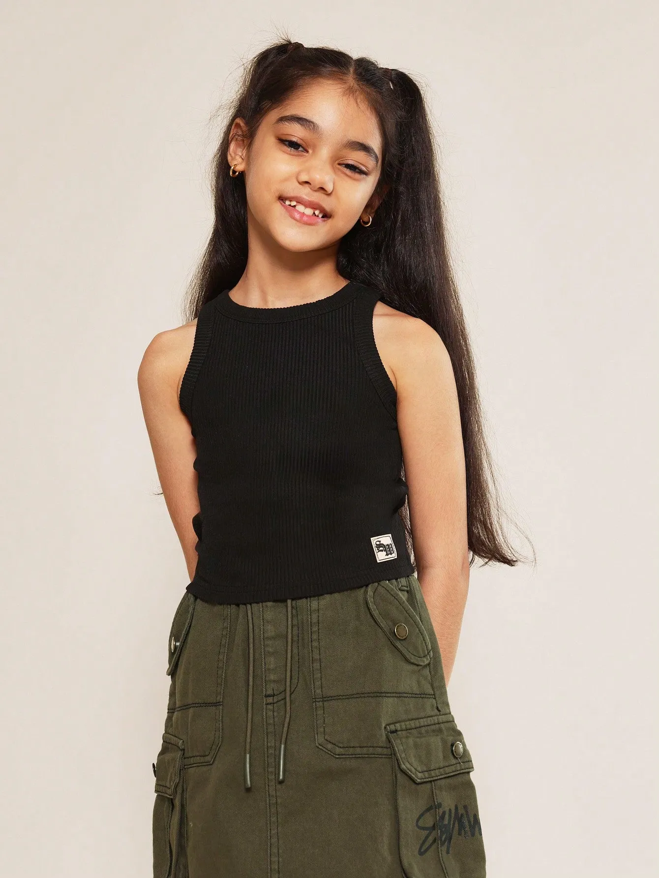 Tween Girls Denim Rib Tank Top And Cargo Skirt 2 Piece Set