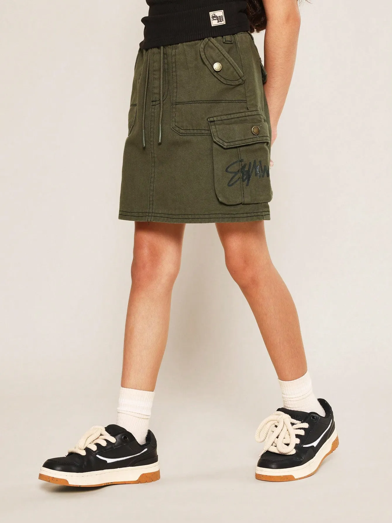 Tween Girls Denim Rib Tank Top And Cargo Skirt 2 Piece Set