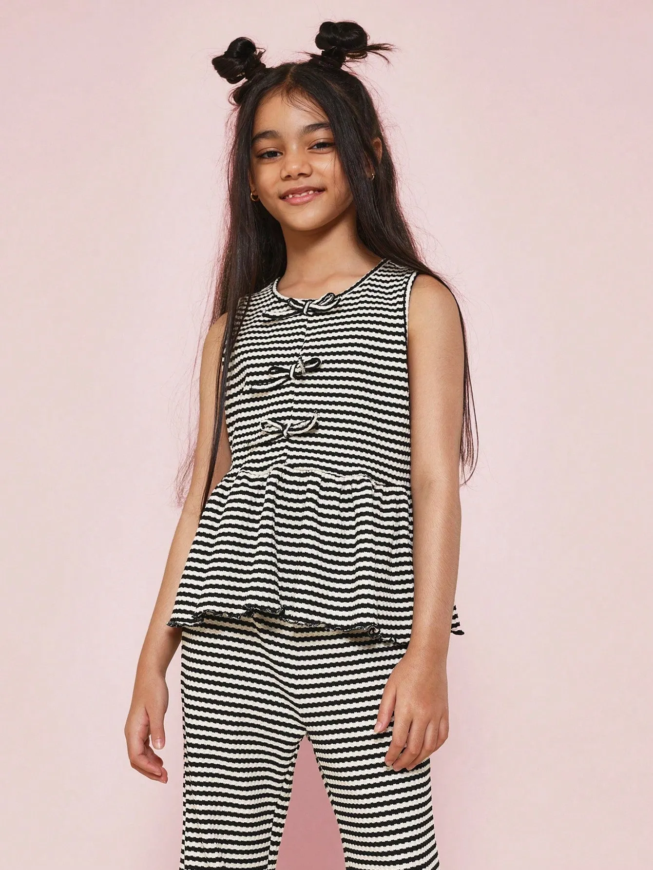 Tween Girls Textured Stripe Bow Tank And Flare Fit Pant 2 Piece Set