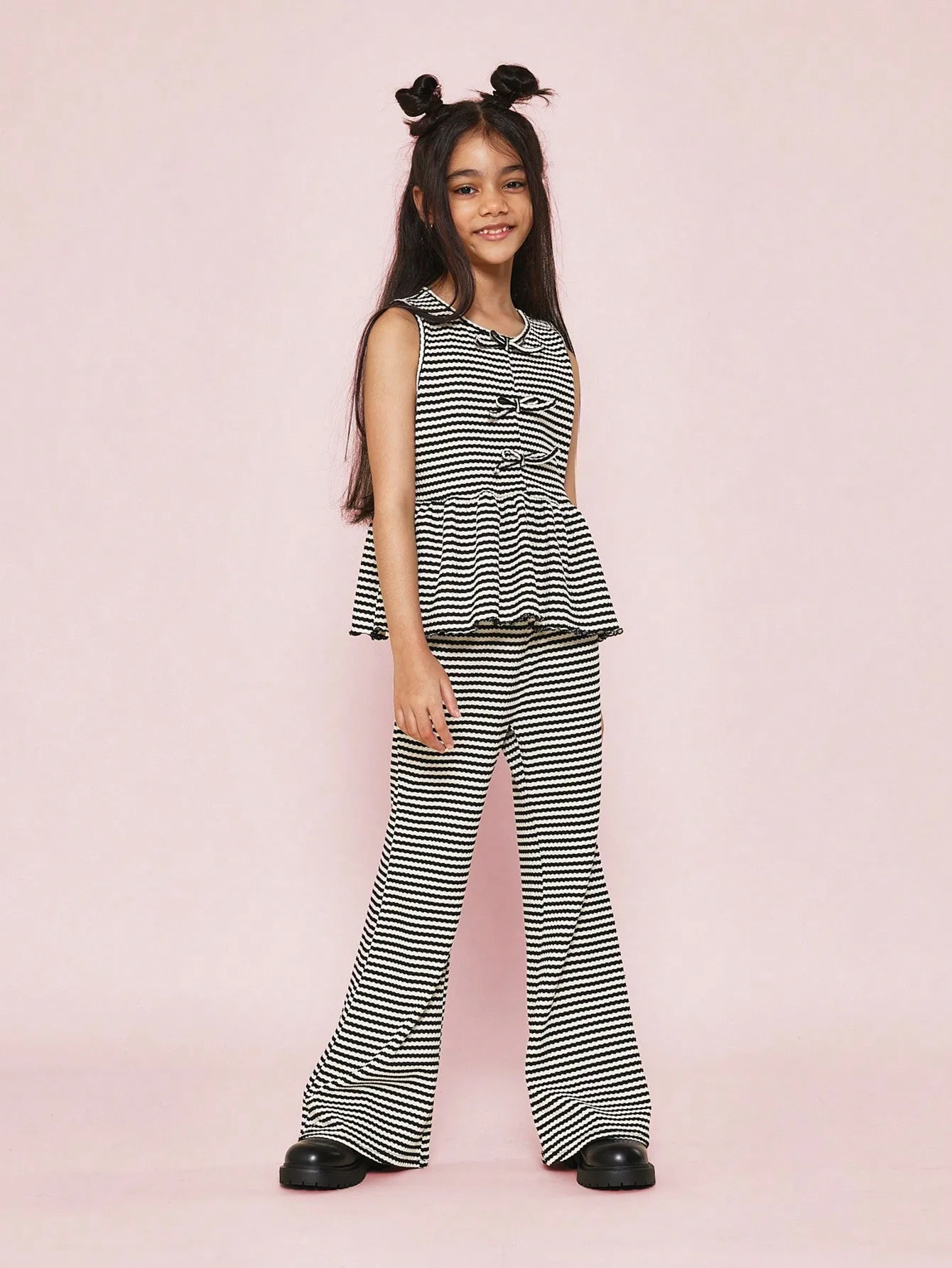 Tween Girls Textured Stripe Bow Tank And Flare Fit Pant 2 Piece Set