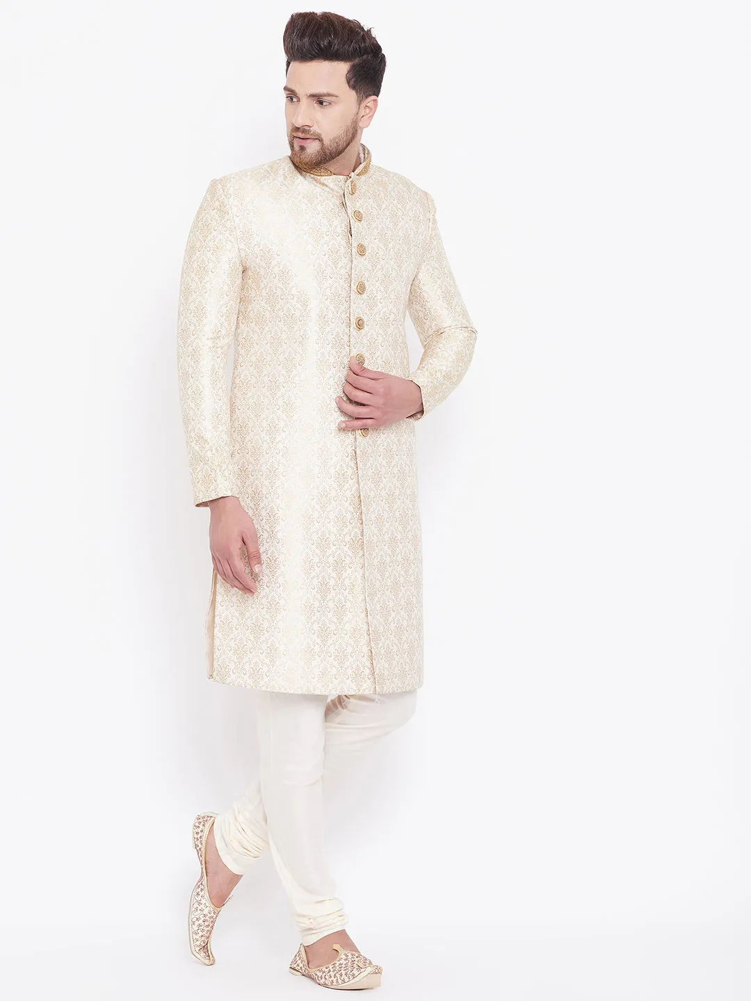 Vastramay Beige & Gold Brocade Sherwani Set