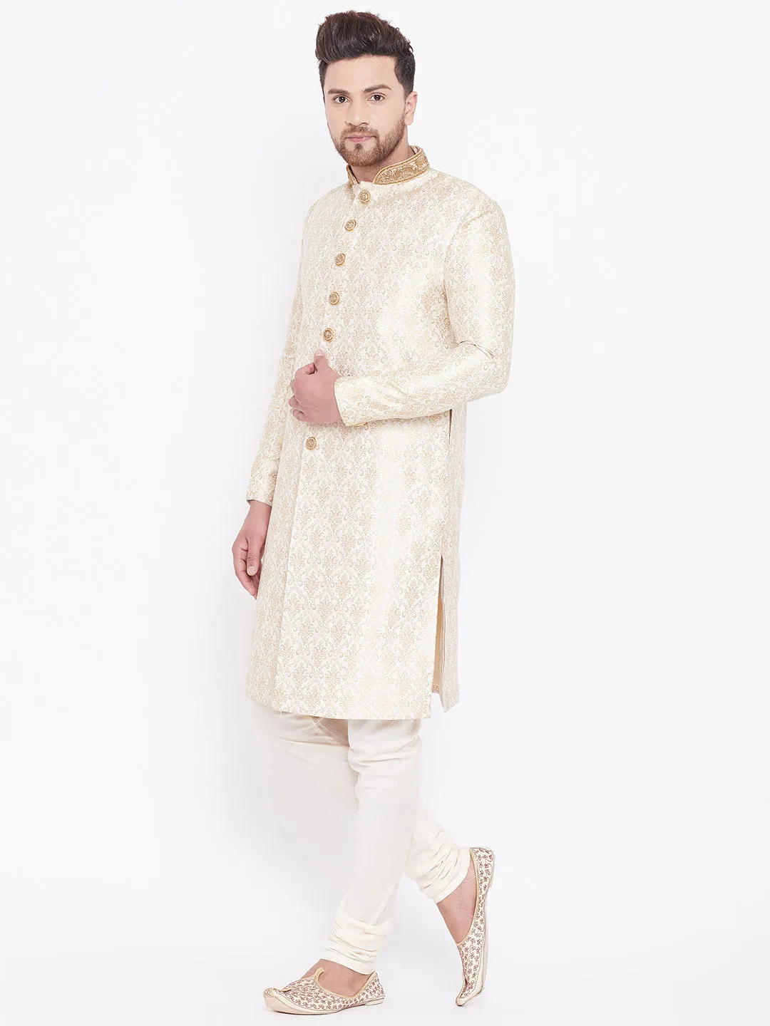 Vastramay Beige & Gold Brocade Sherwani Set