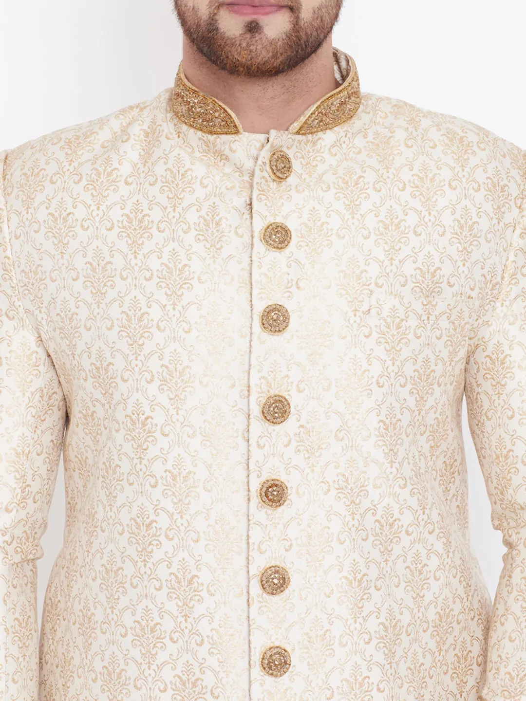 Vastramay Beige & Gold Brocade Sherwani Set