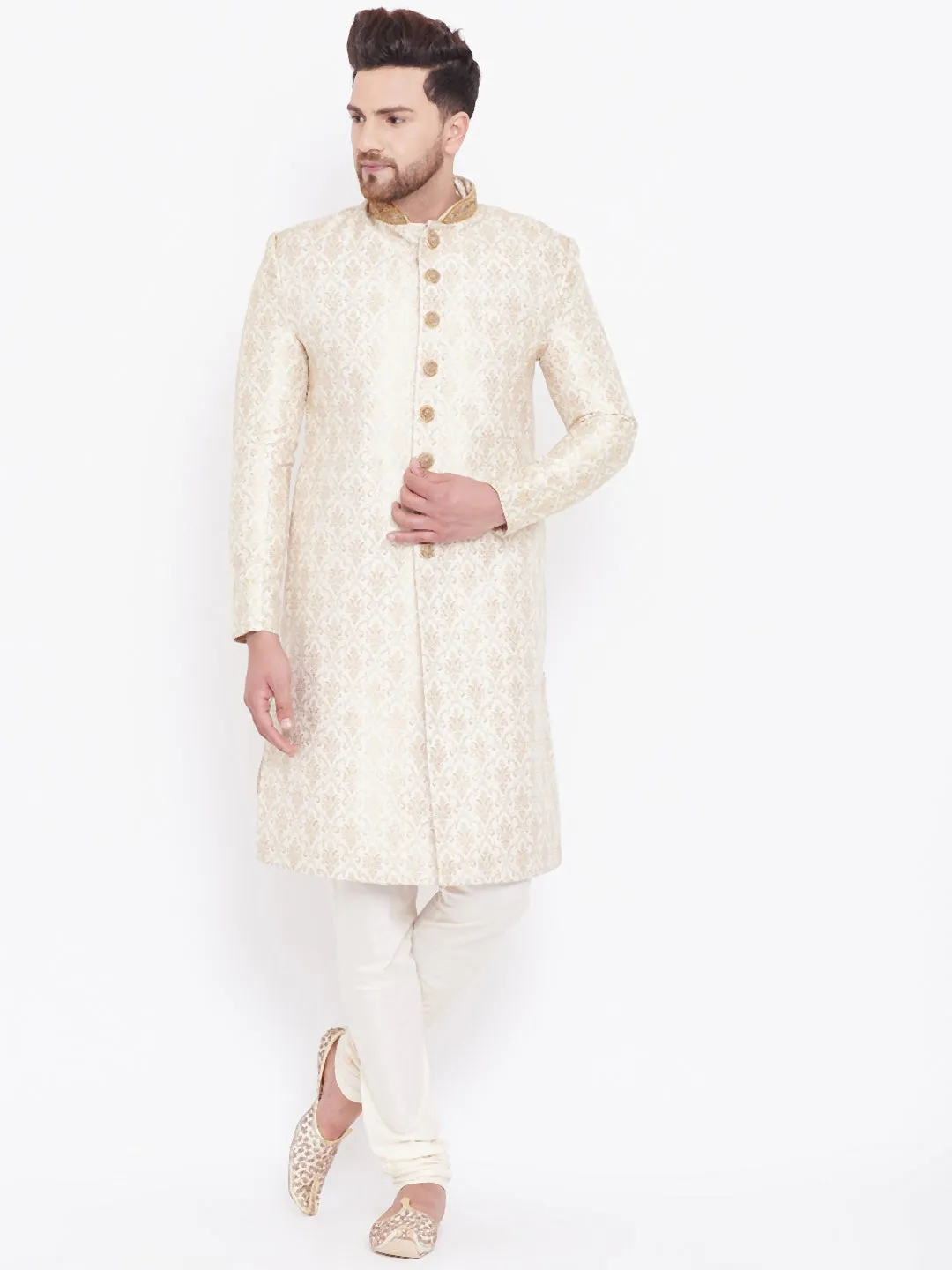 Vastramay Beige & Gold Brocade Sherwani Set