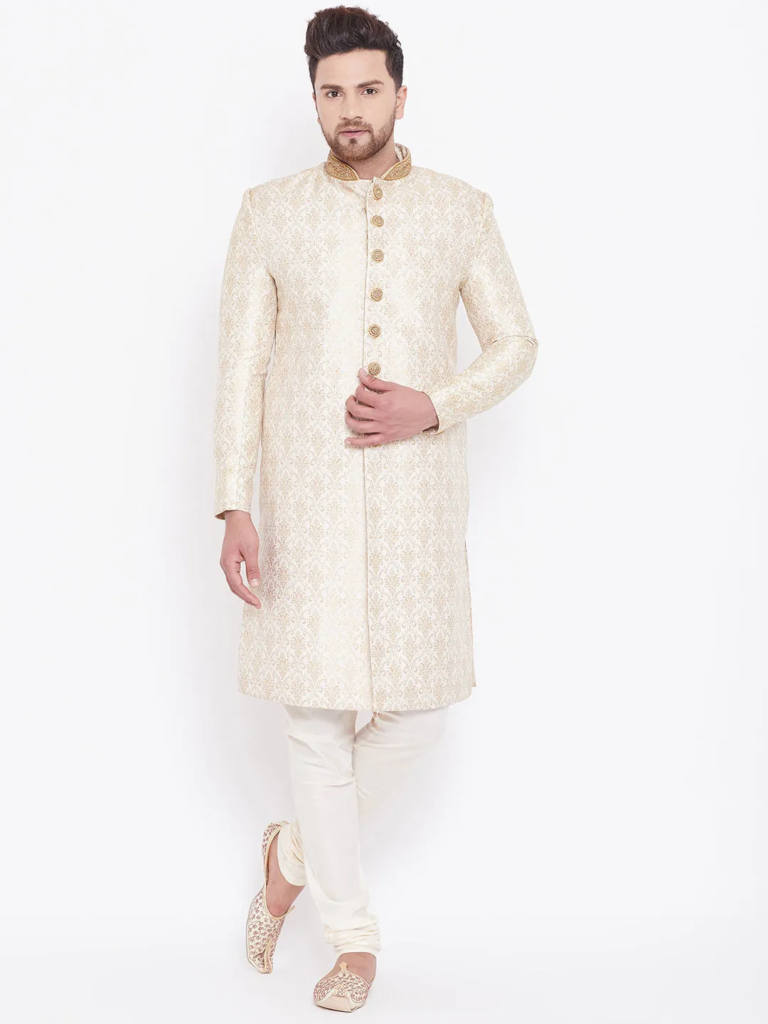 Vastramay Beige & Gold Brocade Sherwani Set