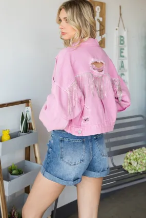 Veveret Fringe Distressed Button Up Denim Jacket