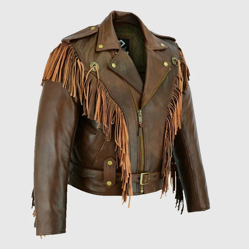 Vintage Brown Biker Fringe Leather Jacket - Tassle Concho Premium Motorcycle