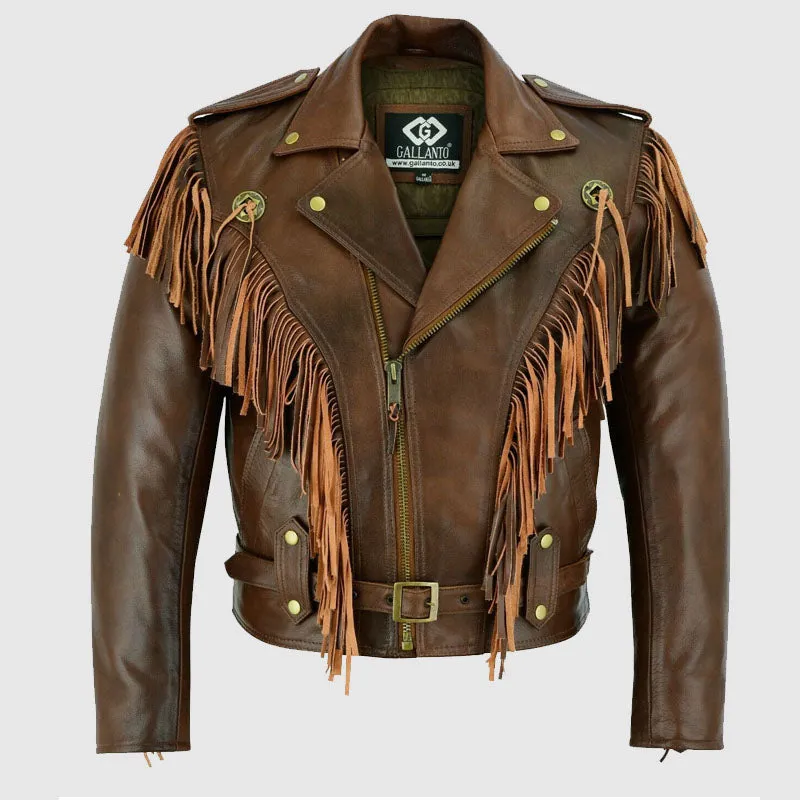 Vintage Brown Biker Fringe Leather Jacket - Tassle Concho Premium Motorcycle