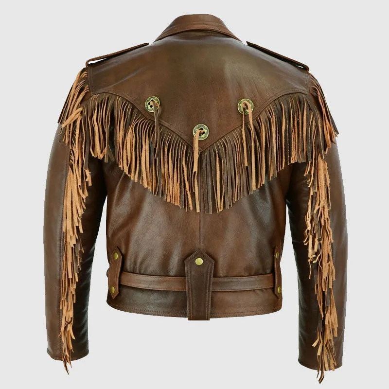 Vintage Brown Biker Fringe Leather Jacket - Tassle Concho Premium Motorcycle