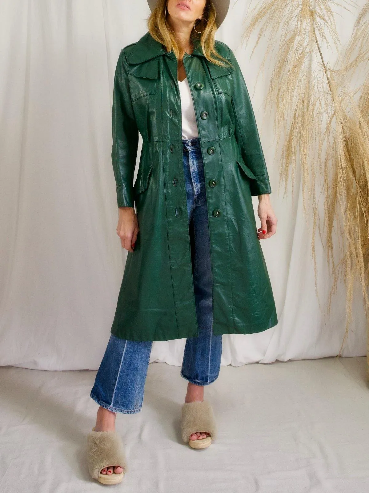 Vintage Evergreen Leather Trench Coat