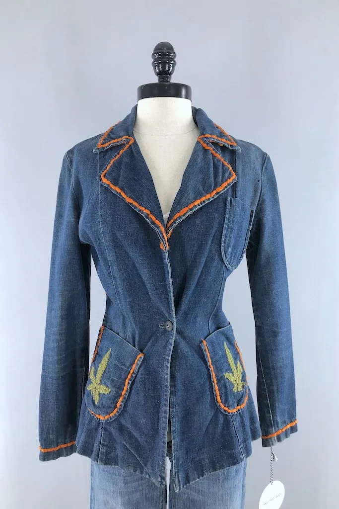 Vintage Flaming Pot Leaf Denim Jacket