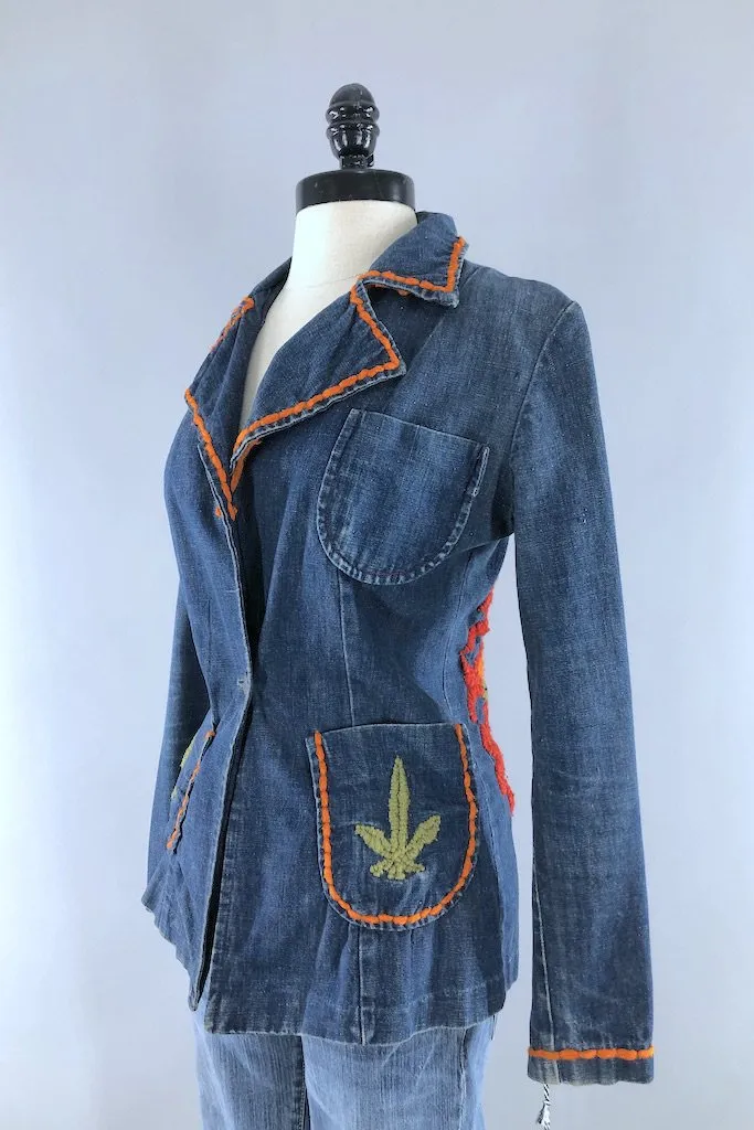 Vintage Flaming Pot Leaf Denim Jacket