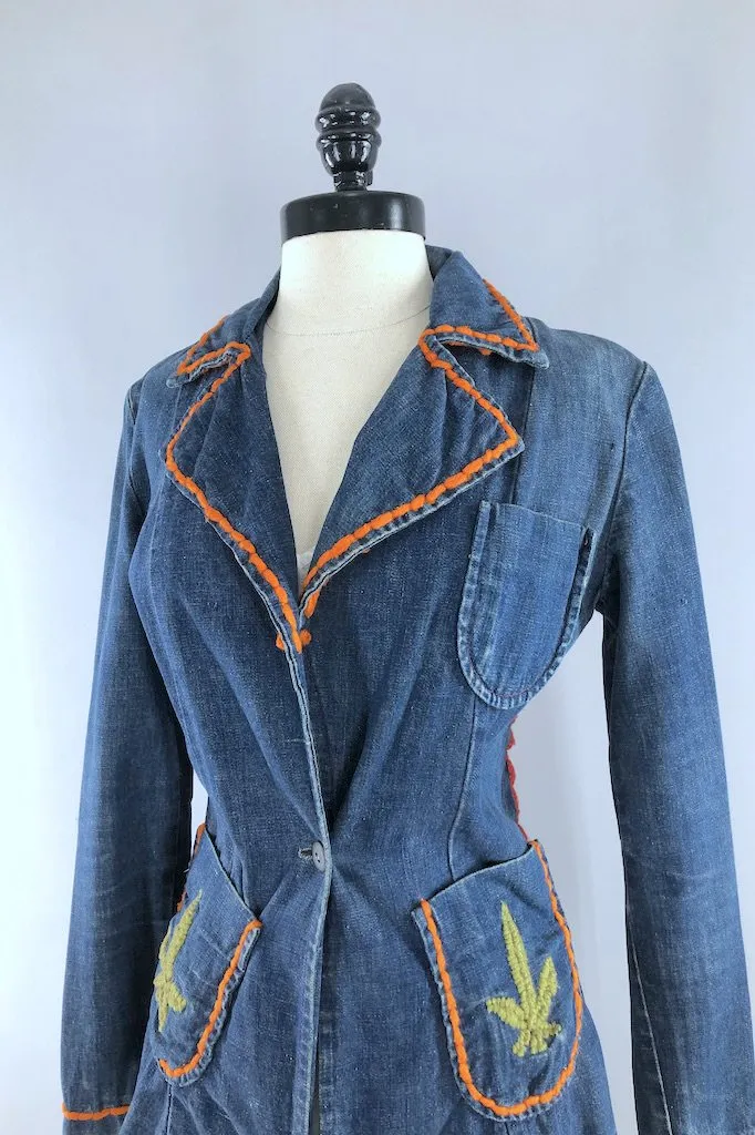 Vintage Flaming Pot Leaf Denim Jacket