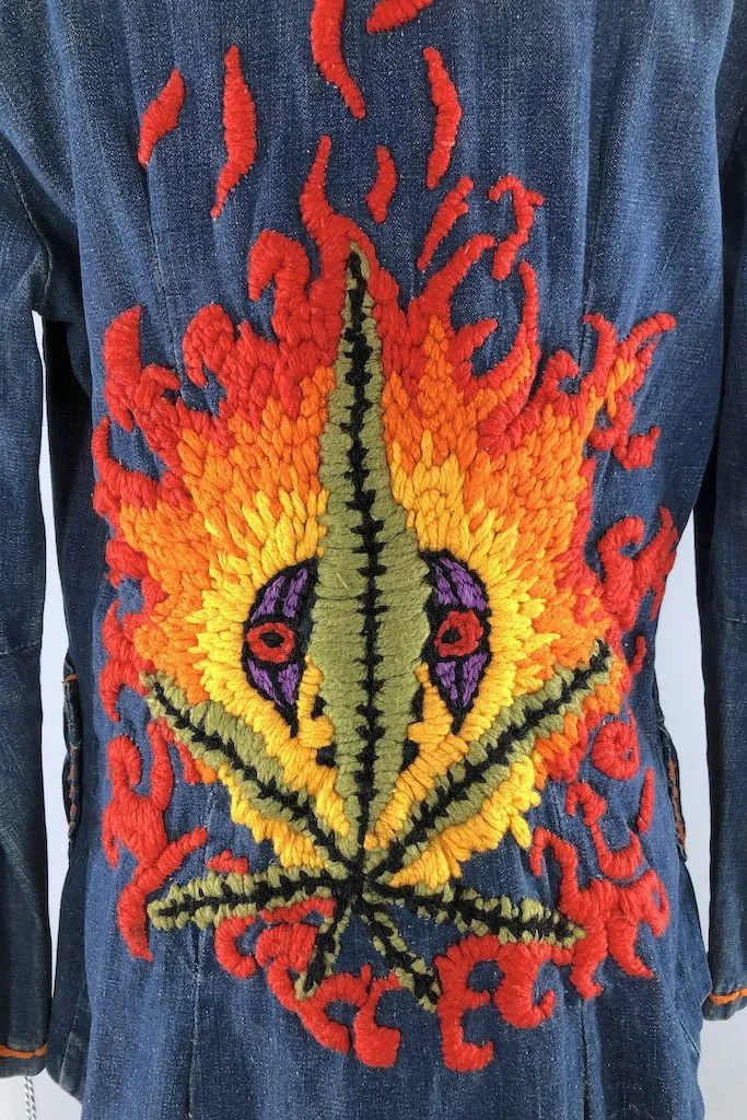 Vintage Flaming Pot Leaf Denim Jacket