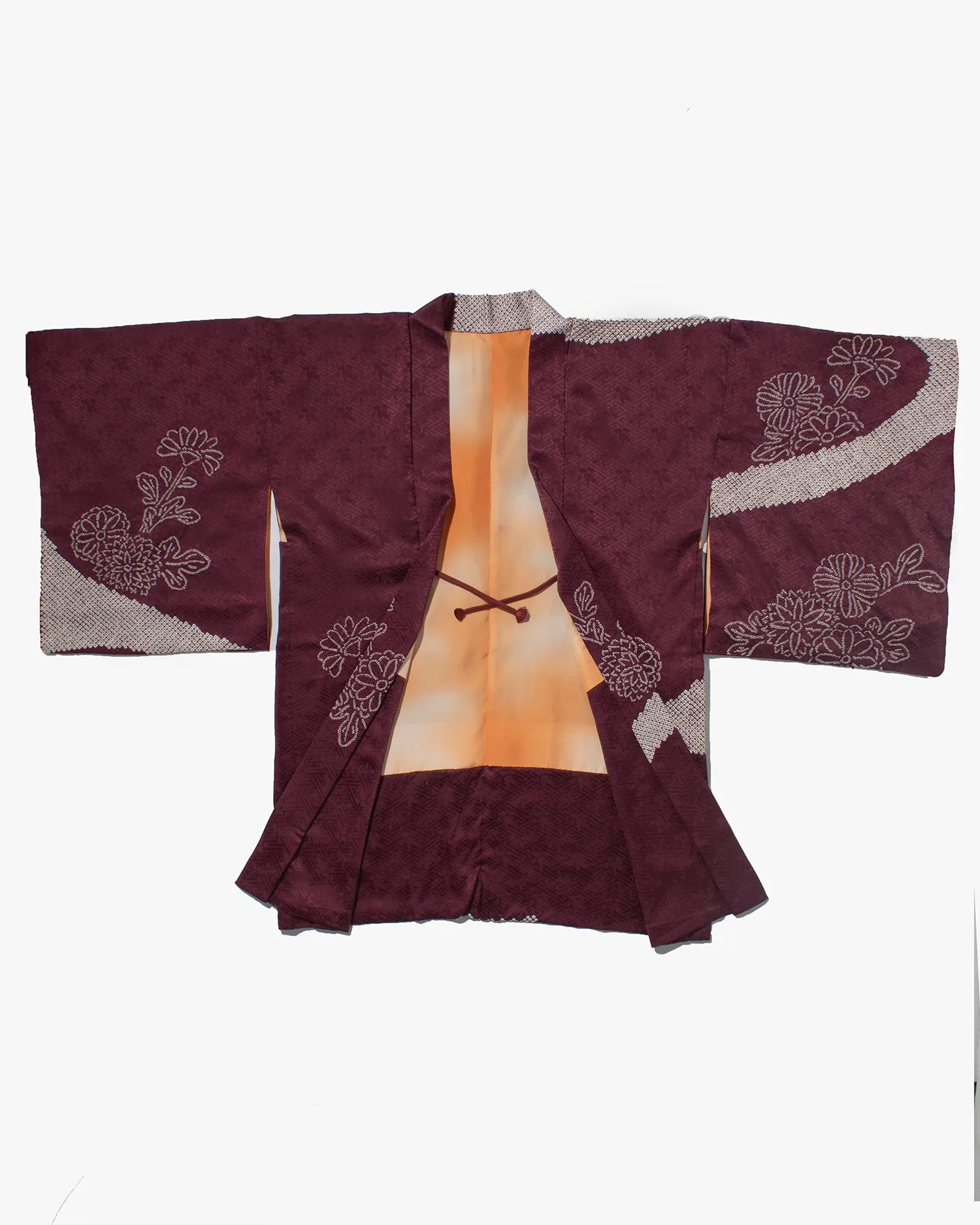 Vintage Haori Jacket, Partial Shibori, Burgundy with White Flowers and Clouds