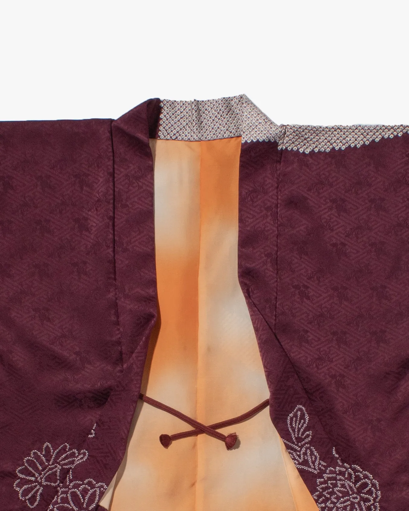 Vintage Haori Jacket, Partial Shibori, Burgundy with White Flowers and Clouds