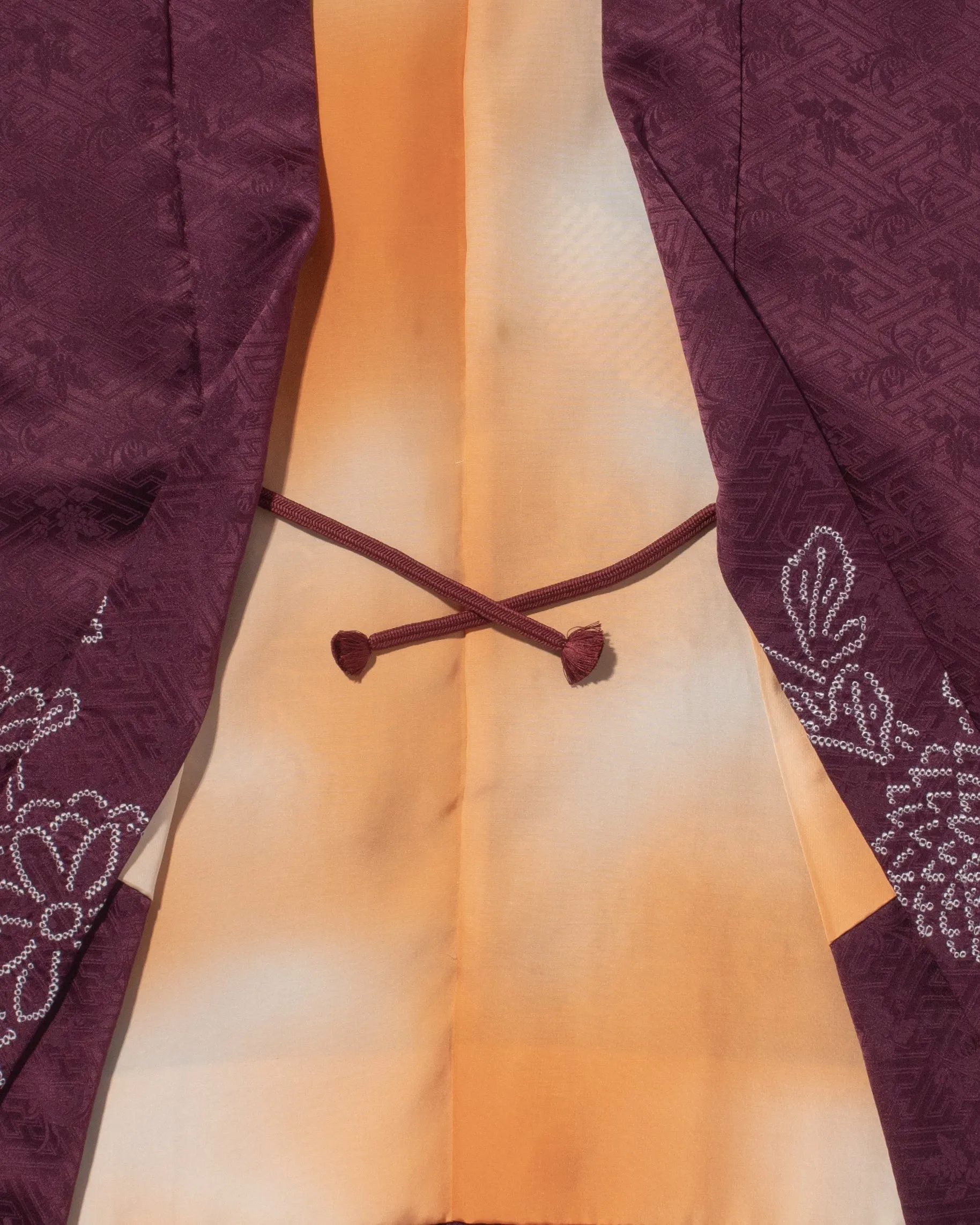 Vintage Haori Jacket, Partial Shibori, Burgundy with White Flowers and Clouds