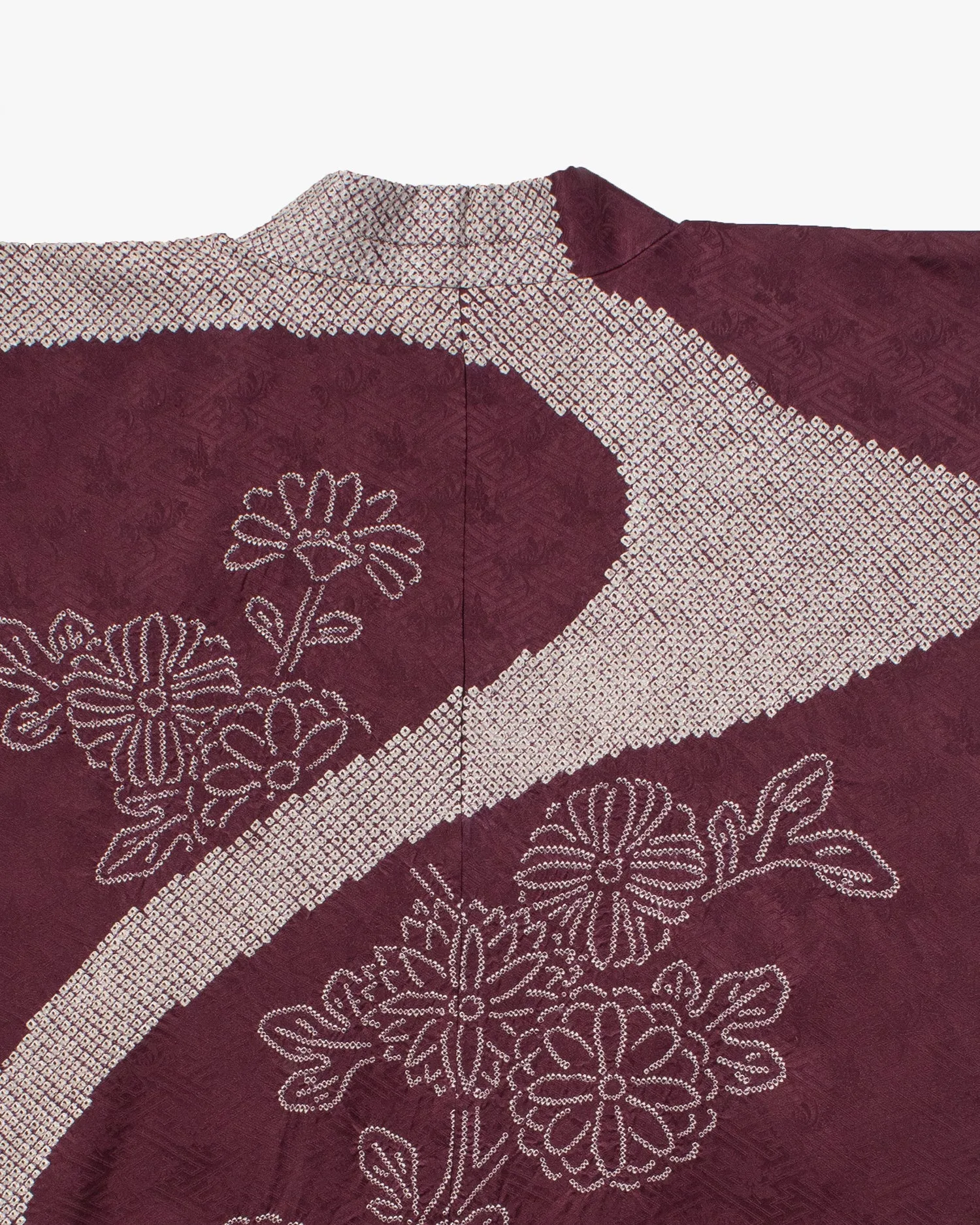 Vintage Haori Jacket, Partial Shibori, Burgundy with White Flowers and Clouds