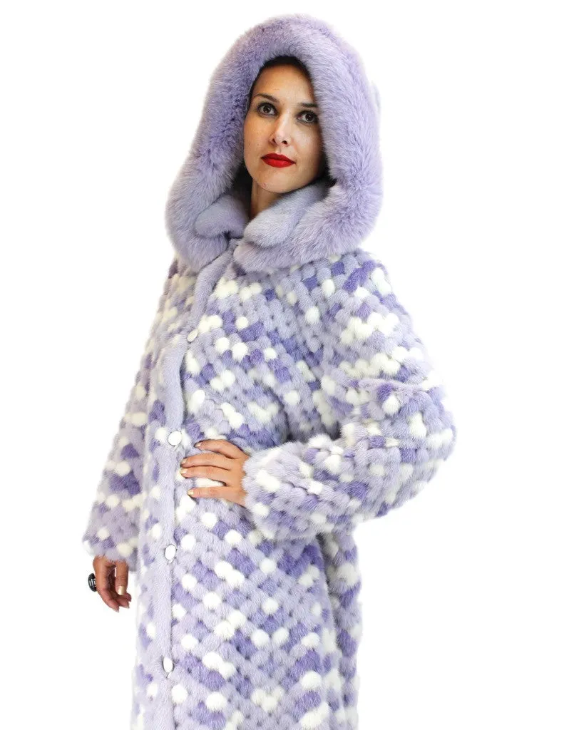 Vintage Long Purple & White Mink and Fox Fur Reversible Hooded Coat -XL (NEVER WORN)