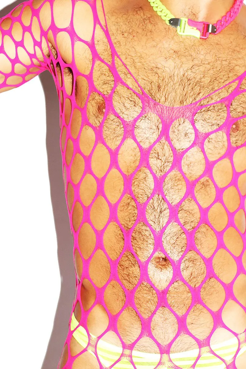 Wide Fishnet Bodysuit Tights- Neon Pink