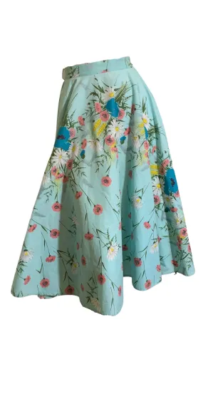 Wildflower Bouquet Print Sky Blue Circle Skirt circa 1950s