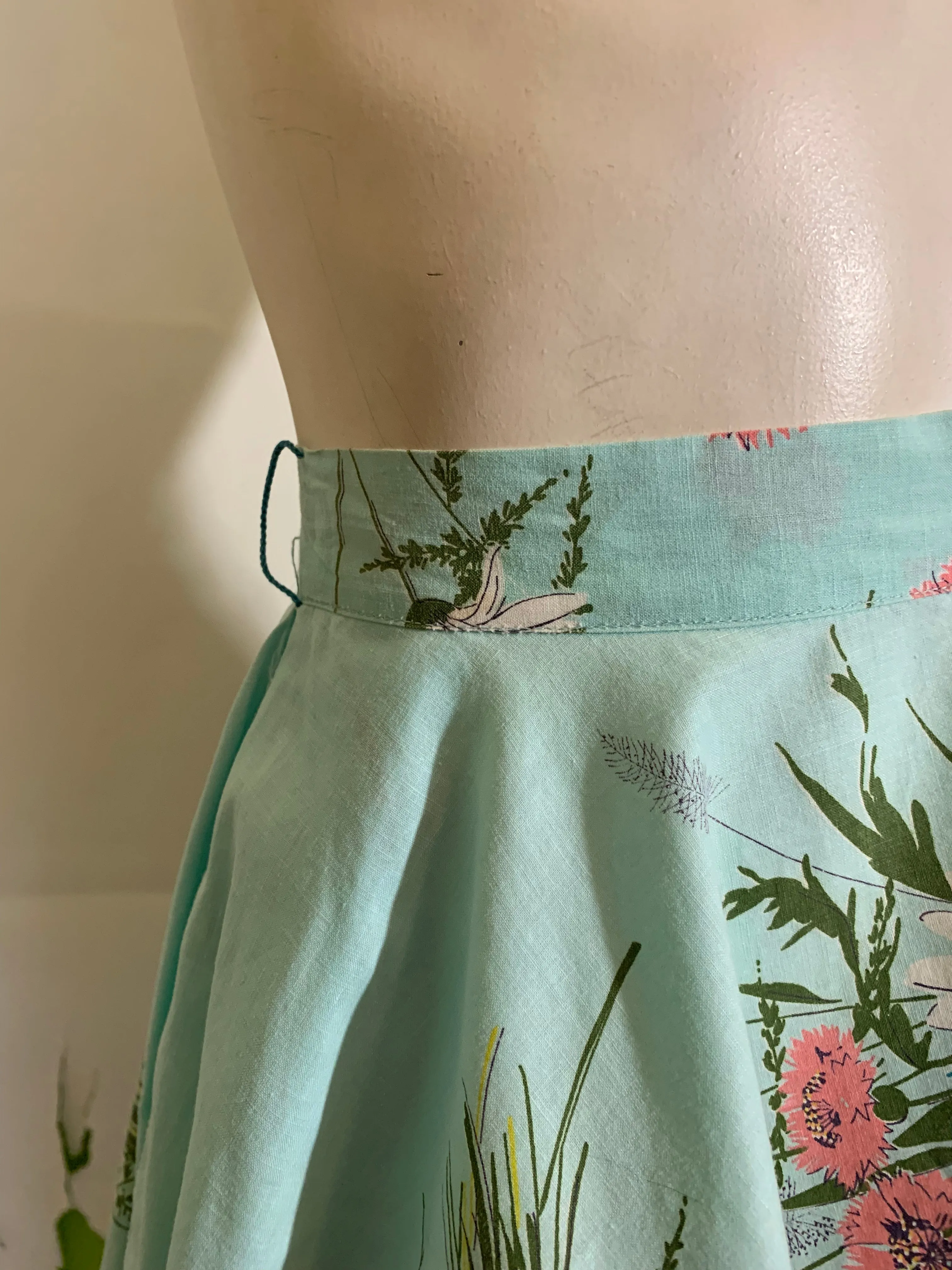 Wildflower Bouquet Print Sky Blue Circle Skirt circa 1950s