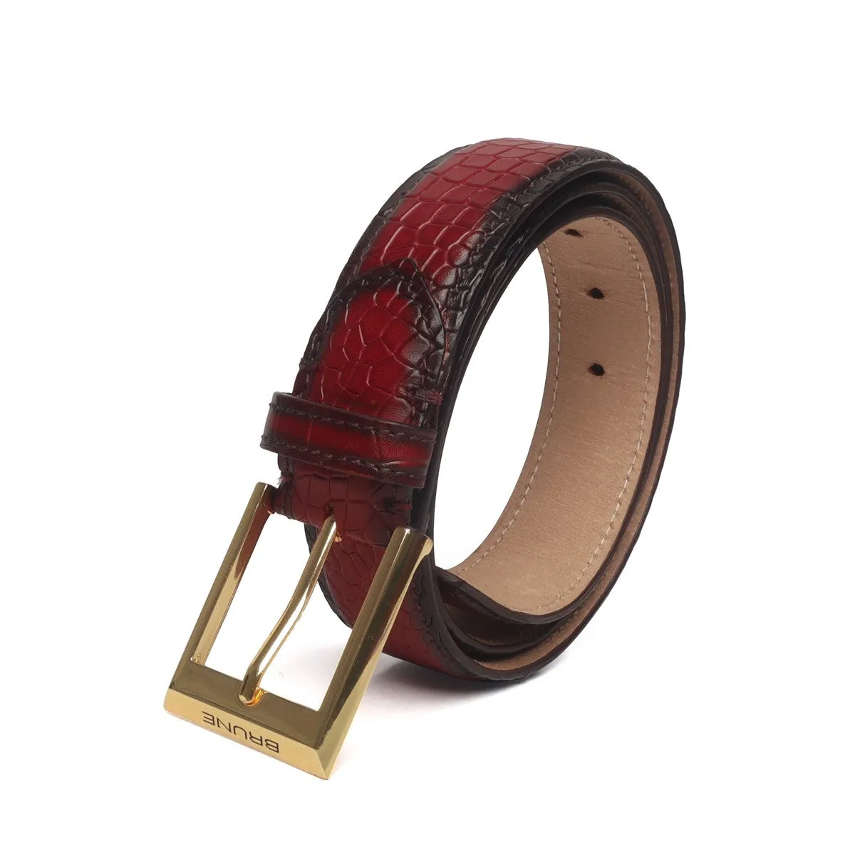 Wine Deep Cut Croco Belt With Golden Square Buckle Hand Painted Leather By Brune & Bareskin