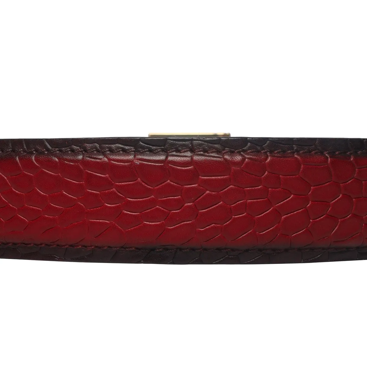 Wine Deep Cut Croco Belt With Golden Square Buckle Hand Painted Leather By Brune & Bareskin