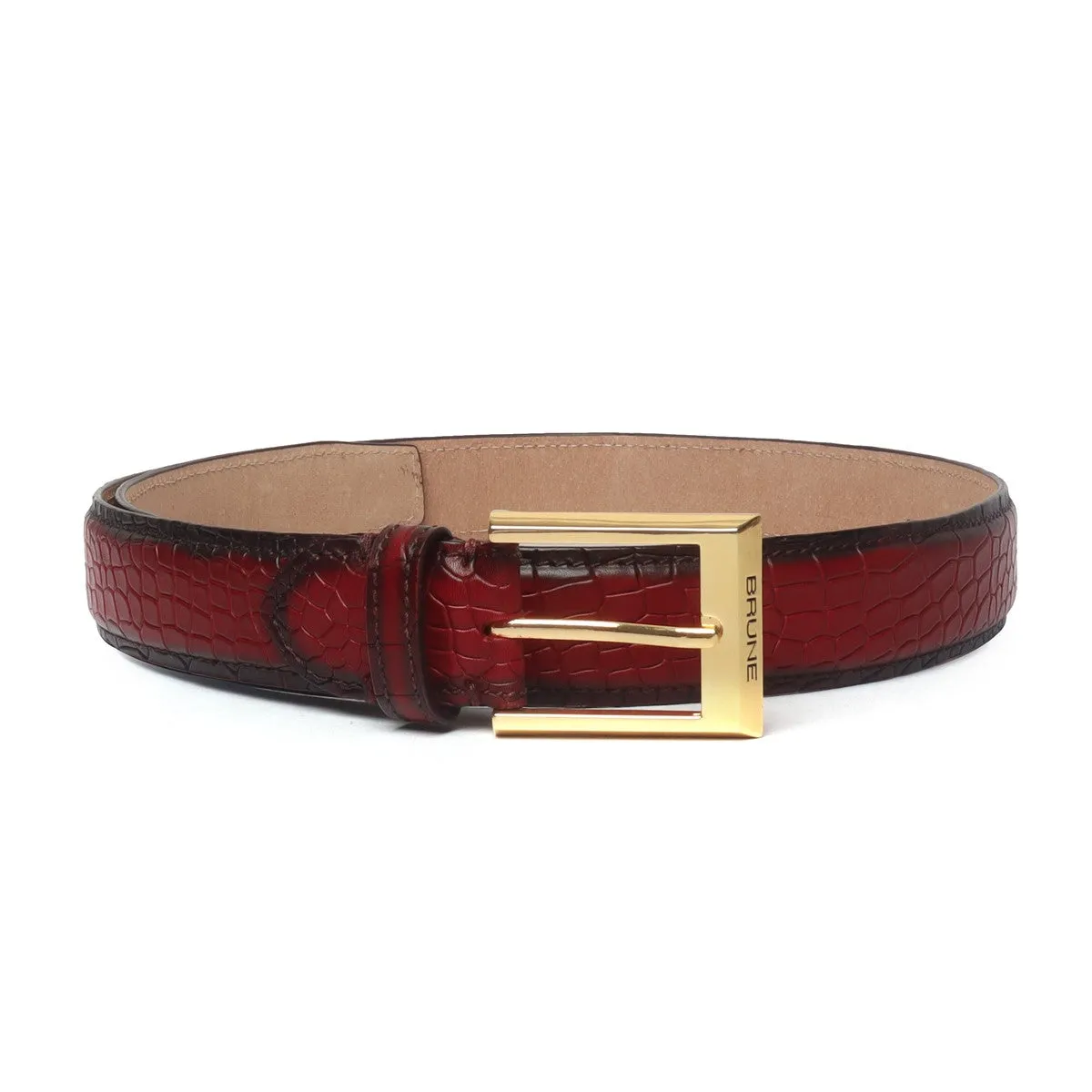 Wine Deep Cut Croco Belt With Golden Square Buckle Hand Painted Leather By Brune & Bareskin