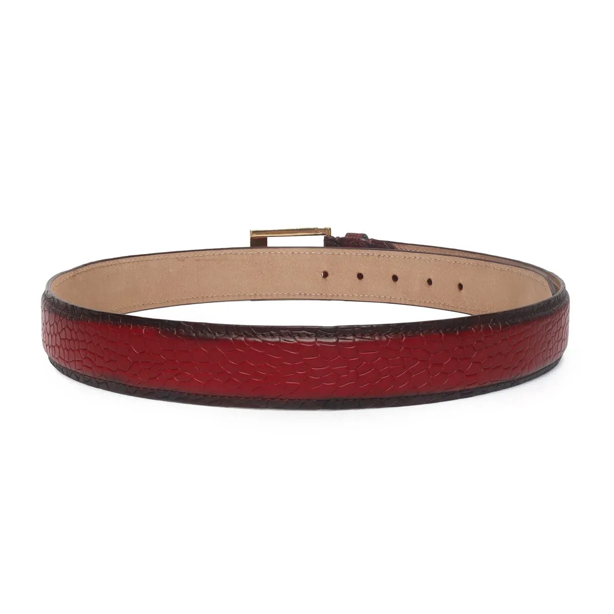 Wine Deep Cut Croco Belt With Golden Square Buckle Hand Painted Leather By Brune & Bareskin