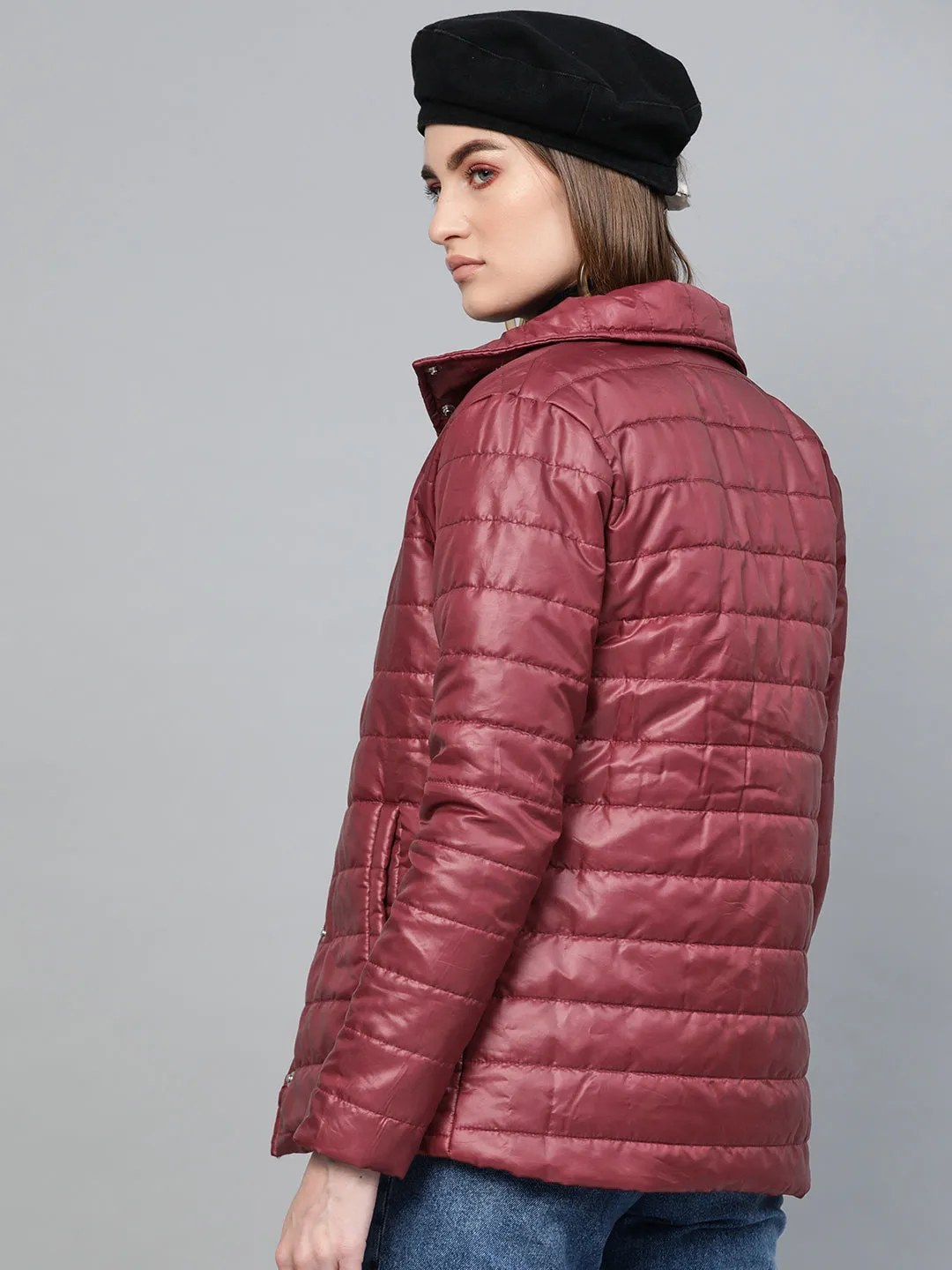 Women Burgundy High Neck Qulited Jacket