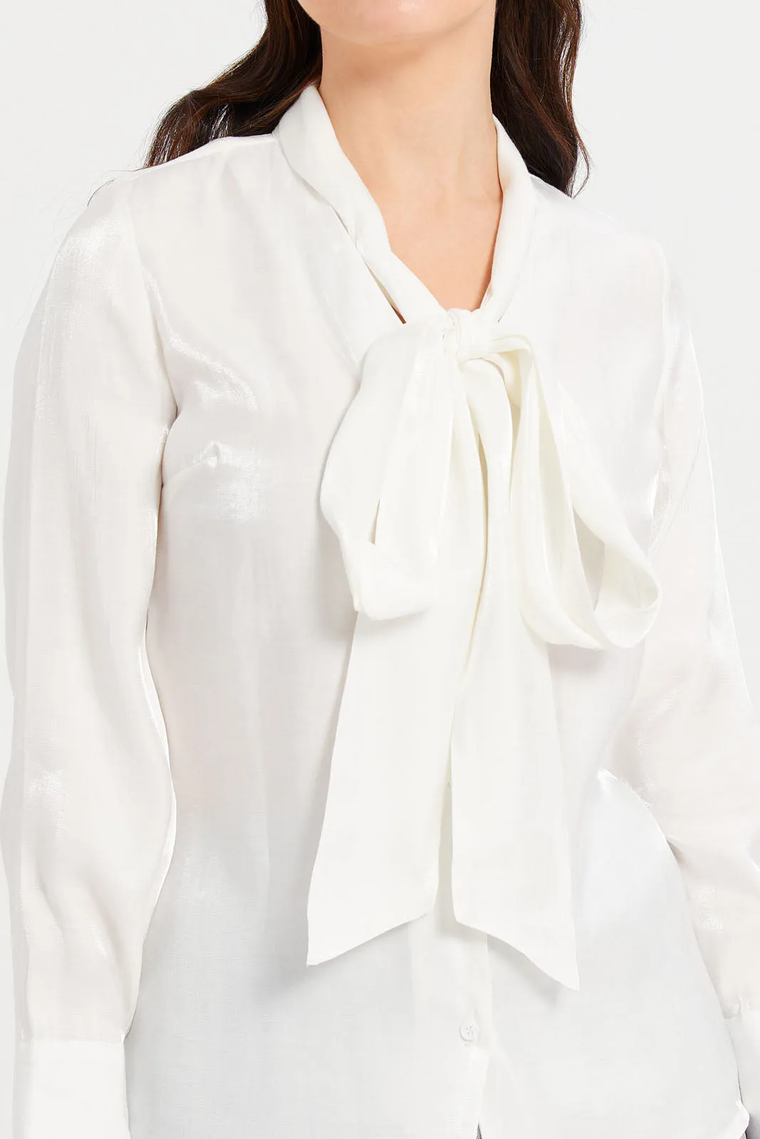 Women Ivory Tie Up Detailed Ivory Satin Blouse