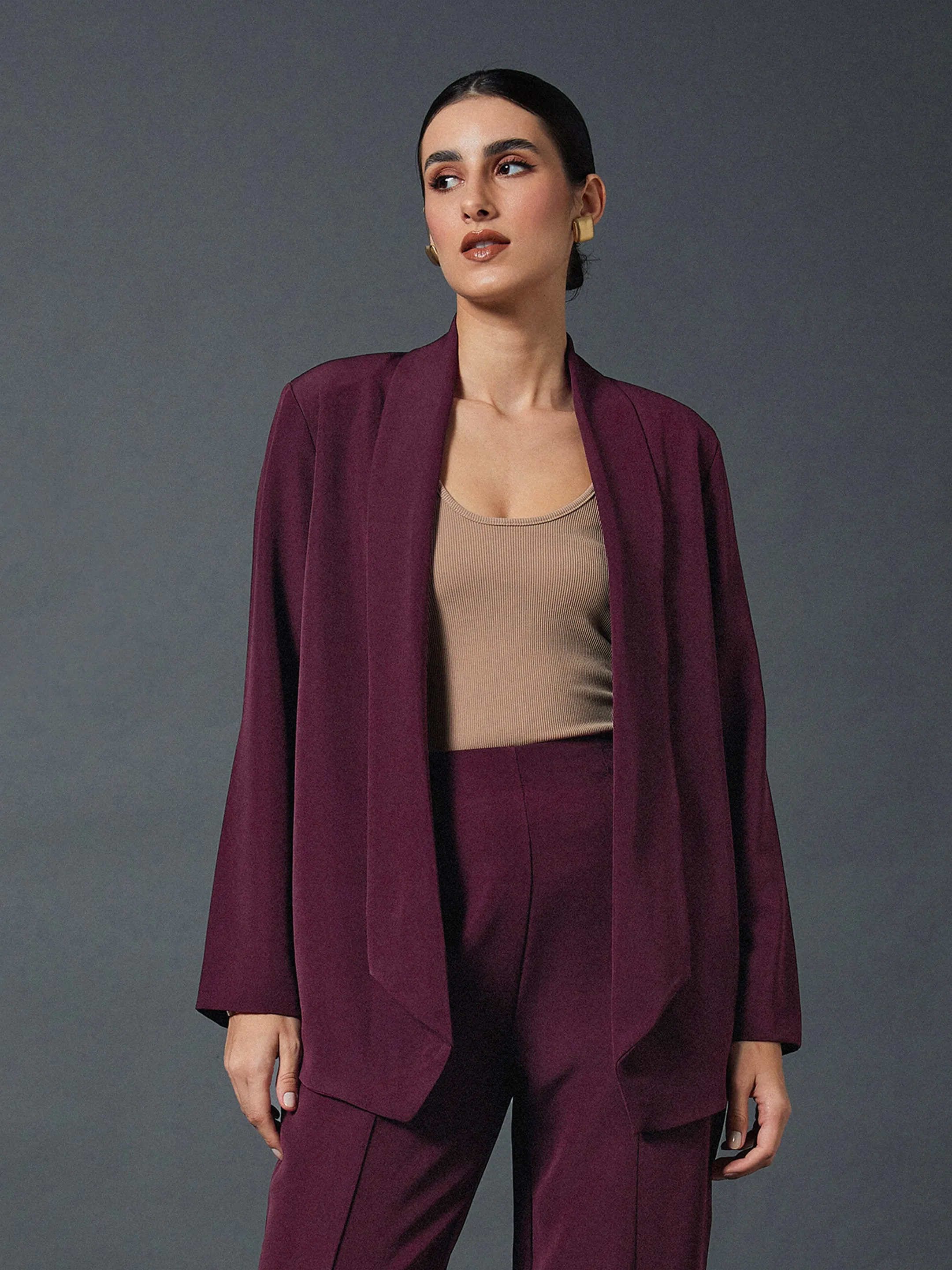 Women Maroon Shawl Collar Front Open Blazer