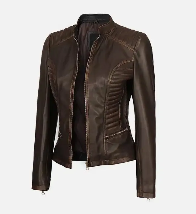 Women's Dark Brown Rub-off Cafe Racer Leather Jacket