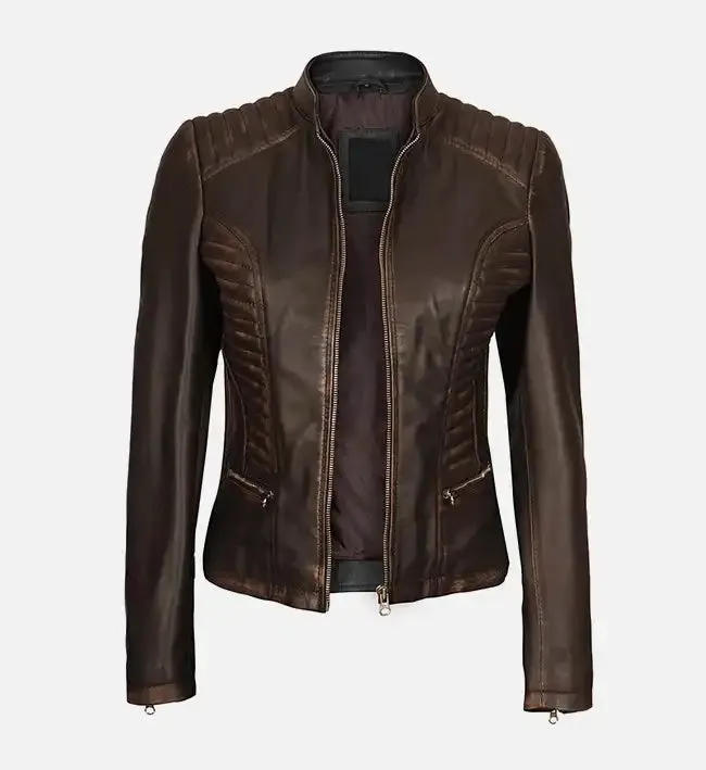 Women's Dark Brown Rub-off Cafe Racer Leather Jacket