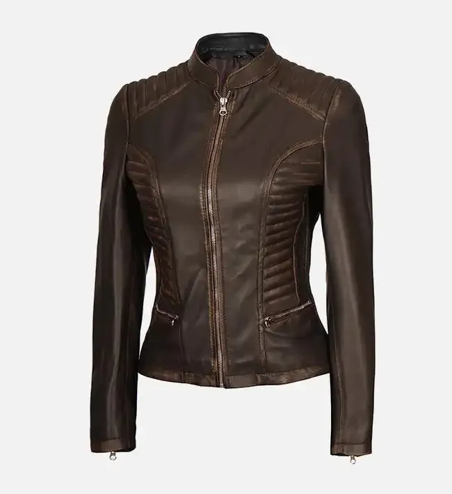 Women's Dark Brown Rub-off Cafe Racer Leather Jacket