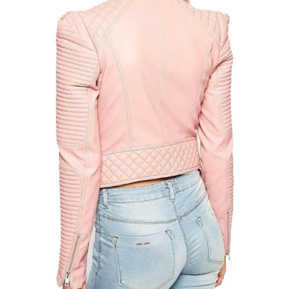 Womens Quilted And Padded Biker Pink Leather Jacket