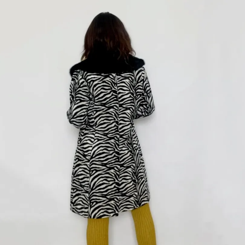 Y2K Zebra Felt Velvet Coat With Faux Fur