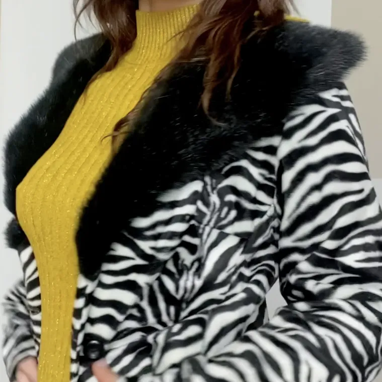 Y2K Zebra Felt Velvet Coat With Faux Fur