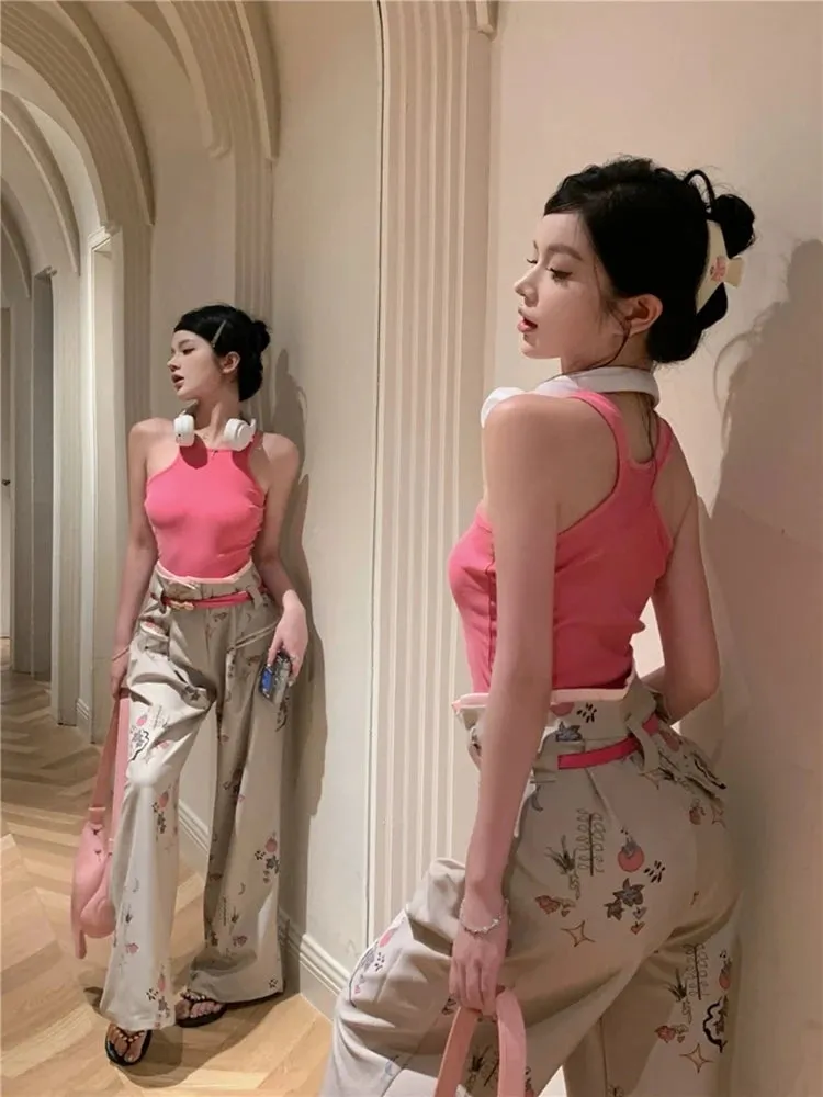 YESMYTOOL  -   Pleated Baggy Suit Pants Women Y2k Fashion High Waist Print Straight Kpop Trouser Harajuku Causal Mujer Wide Leg Bottoms