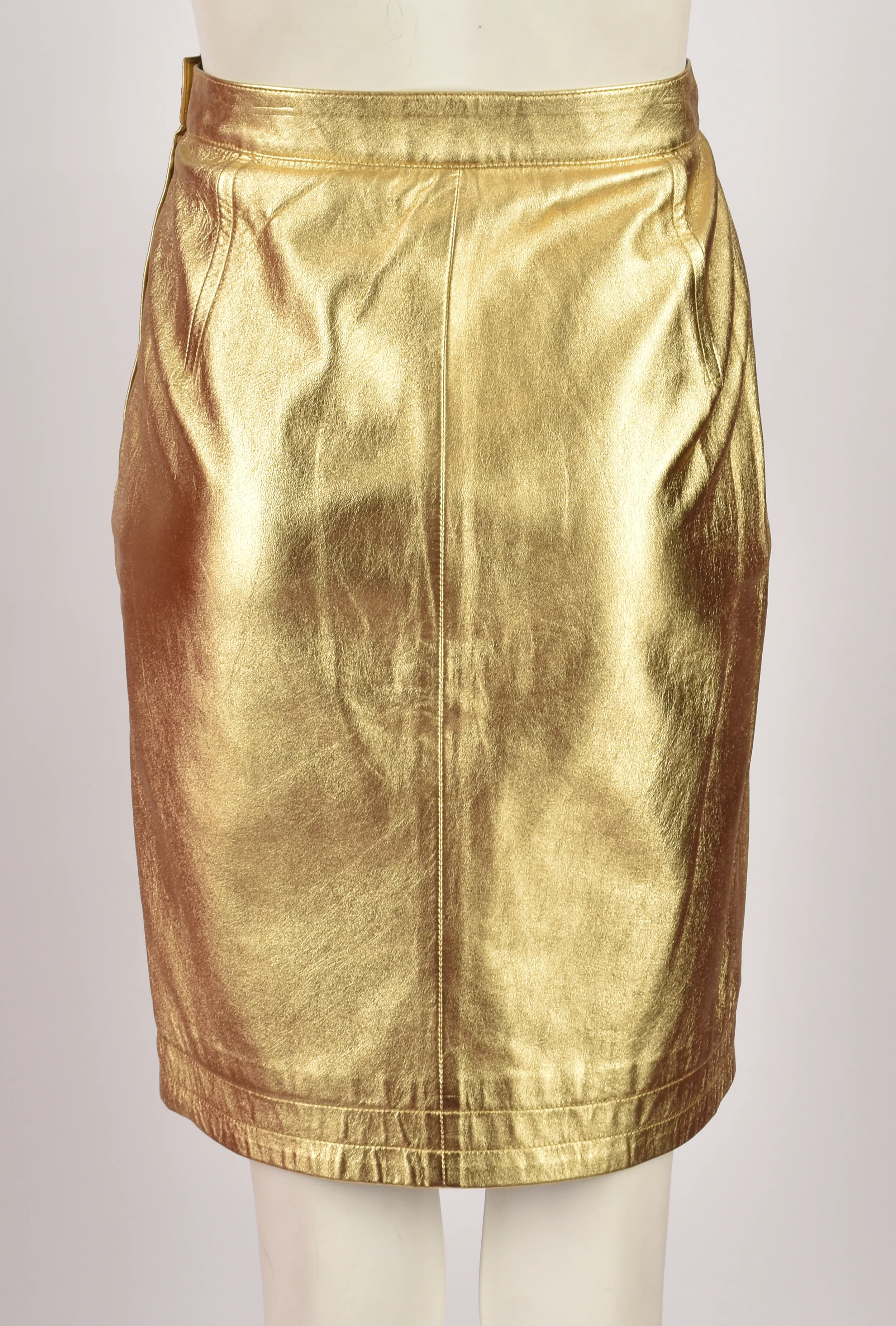 YVES SAINT LAURENT GOLD LEATHER MIDI SKIRT