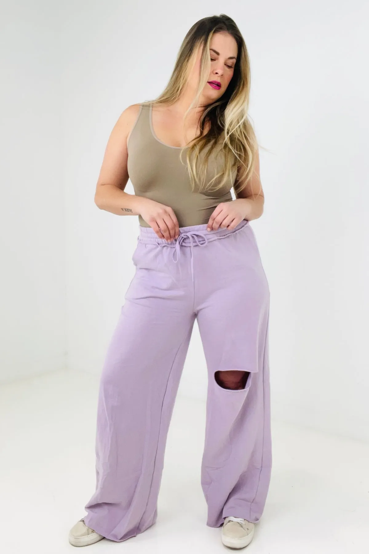 Zenana Distressed Knee French Terry Sweats With Pockets - New Colors