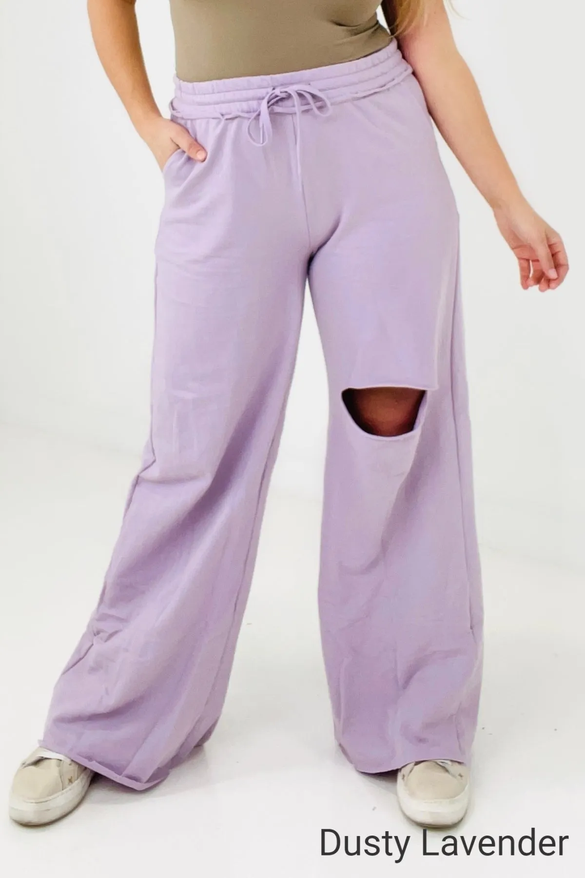 Zenana Distressed Knee French Terry Sweats With Pockets - New Colors